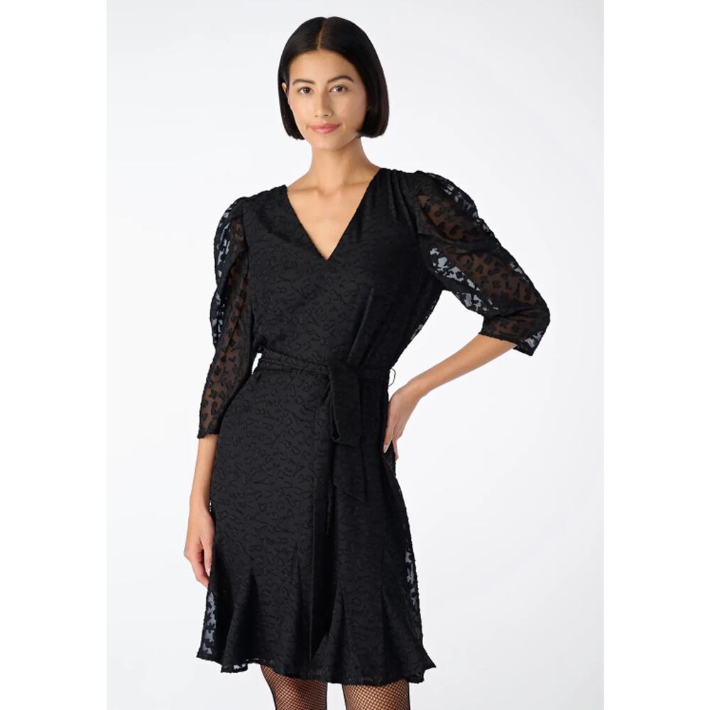 Karl Lagerfeld Burnout Logo Print V‑Neck‎ Tie Waist Dress Black Women 16 NWT